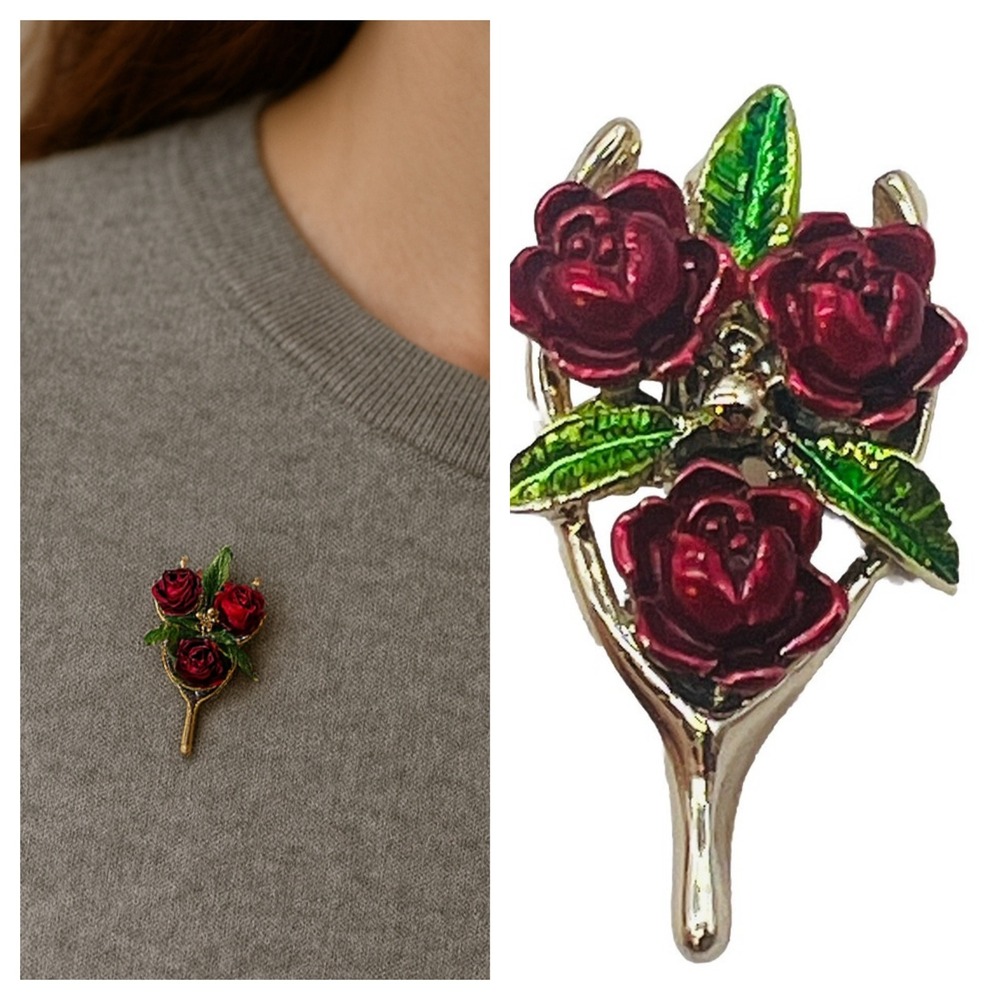 Gerry's Vintage Signed Red Rose Brooch Enamel Flower Pin Gold Tone Bouquet